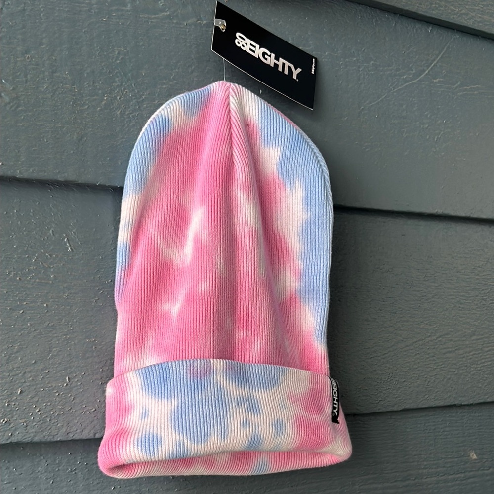 Pastel Pink and Blue Tie-Dye Knit Beanie